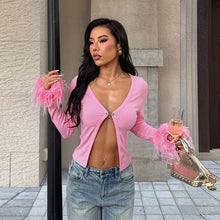 Load image into Gallery viewer, Sexy Deep V Plunge neck Long Sleeve Ostrich Feather Pink Cardigan Autumn Sexy All Match Top