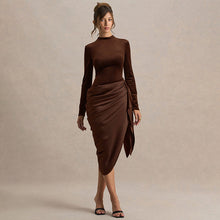 Load image into Gallery viewer, Women Clothing Autumn Winter Elegant Solid Color Waist Tight Irregular Asymmetric Oblique Swing Mid Length Dress