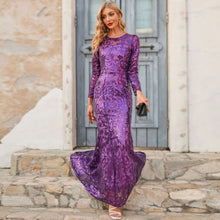 Load image into Gallery viewer, Spring Autumn Sequined Dress Purple Crew-Neck Long Evening Dress Long Sleeve Dress