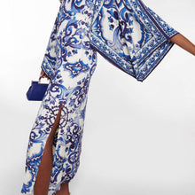 Load image into Gallery viewer, Women Blue White Porcelain Printed off Neck Loose Dress