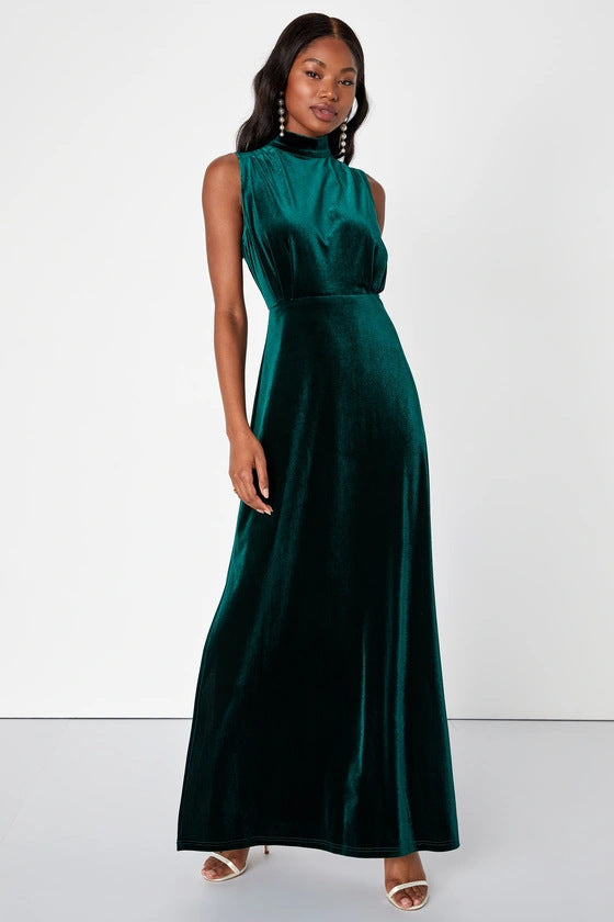 Graceful round Stand Collar Sleeveless Waist Slit Party Dinner Dress Solid Color Women Dress