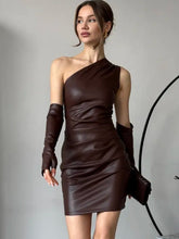 Load image into Gallery viewer, Faux Leather Dress Street Hipster Women Clothing Diagonal Collar Sleeveless Oversleeve Tight Waist Sheath Dress