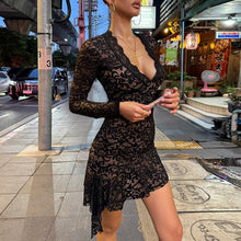 Load image into Gallery viewer, Autumn Adult Lady like Woman Sexy Hip Lace Long Sleeve Irregular Asymmetric Hem Deep V Plunge Dress