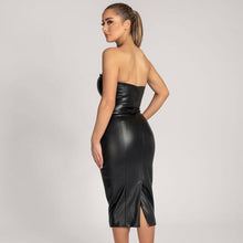 Load image into Gallery viewer, Autumn Winter Solid Color Faux Leather Elegant Slim-Fit Tube Top Back Slit Sexy Midi Dress