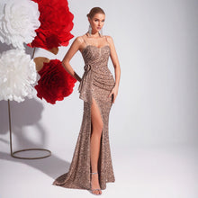 Load image into Gallery viewer, Champagne Sequin Sling Evening Dress Slim Fit Slit Cocktail Host Annual Party Party Light Luxury Fishtail Dress