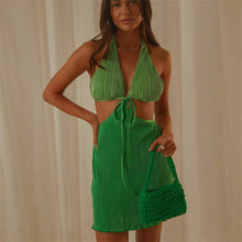 Load image into Gallery viewer, Summer Sexy V Neck Backless Pleated Dress Women Halter Lace Up Cutout Short Dress