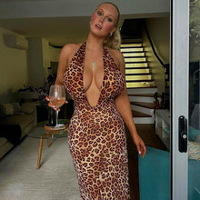 Load image into Gallery viewer, Deep V Plunge Leopard Print Strap Dress for Women Vacation Sexy Slim Fit Halter Backless Maxi Dress