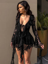 Load image into Gallery viewer, Women Clothing Lace Lotus Leaf Streamer Long Sleeve with Safety Pants Short Dress