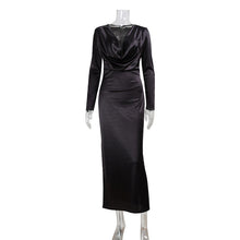 Load image into Gallery viewer, Arrival Autumn Elegant Solid Color Long Sleeve V neck Satin Bright Silk Dress Evening Dress