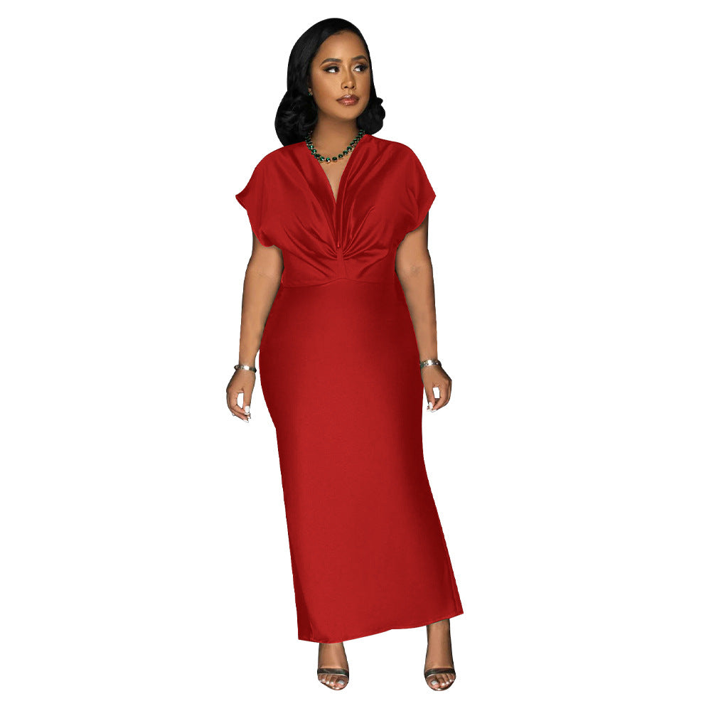 Women Wear V neck Short Sleeve Elegant Slim Back Slit Dress