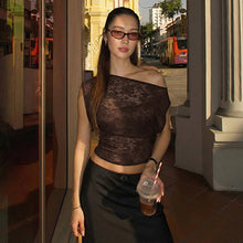 Load image into Gallery viewer, Women Clothing Winter Sexy Slim Hollow Out Cutout Lace Diagonal Collar Tight T shirt Sheer Top