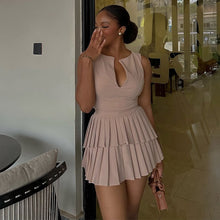 Load image into Gallery viewer, Women Clothing Summer Fresh Sweet V neck High Waist Slimming Pleated A line Dress Short Dress