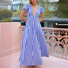 Load image into Gallery viewer, Low Cut V neck Striped Puff Sleeve Large Swing Dress