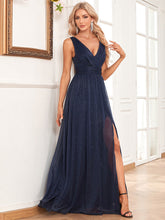 Load image into Gallery viewer, Sparkling Chiffon Sleeves Evening Dress Double V Neck A Line Bridesmaid Party Dress Side Slit Mopping