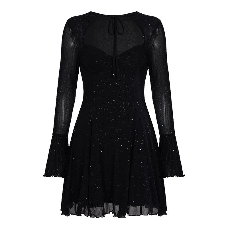 Sexy Women Dress Lace up Sheer Mesh Shiny Party a Swing Dress