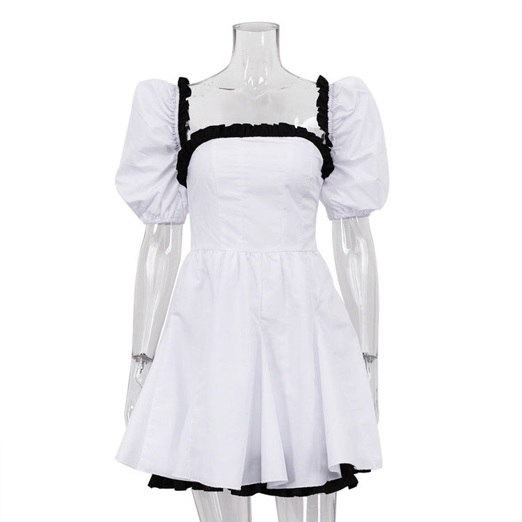 Black White Contrast Color Square Collar Puff Sleeve Sexy Backless Dress High Sense Women Clothing