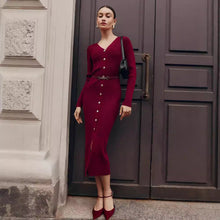 Load image into Gallery viewer, Autumn Winter Long Sleeve Knitted Dress Button Split Russia Hip Wrapped Sweater Cardigan Dress No Belt