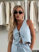 Load image into Gallery viewer, Women Spring Summer Sleeveless Lace up Vest Lace up Wide Leg Jeans Denim Set