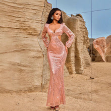 Load image into Gallery viewer, Women Evening Dresses Long Sleeve Beauty V neck Sexy Backless Dress Long Sequined Women Clothing Dress