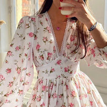 Load image into Gallery viewer, Autumn Winter Women Clothing Street Casual Floral Midi High Waist Slim V neck Dress