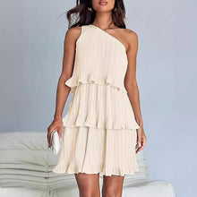 Load image into Gallery viewer, Spring Summer Women Clothing Oblique Shoulder Layered Stitching Hem Solid Color Dress Women