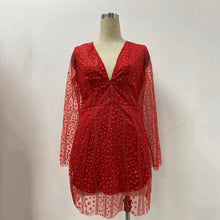 Load image into Gallery viewer, Women Clothing Dress Deep V Plunge See through Long Sleeve Short Dress Gold Dress