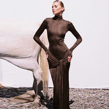 Load image into Gallery viewer, French Solid Color Autumn Winter Turtleneck Long Sleeve Stitching Lace up Long Slim Fit Dress Women