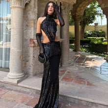 Load image into Gallery viewer, Autumn Winter Sexy Backless Hollow Out Cutout out Stitching Maxi Dress Elegant Sequ Dress