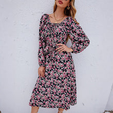 Load image into Gallery viewer, Autumn Elegant Retro Backless Bubble Sleeve Square Collar Floral Dress