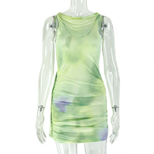 Load image into Gallery viewer, Women Clothing Pleated Sleeveless Color Matching Tight Waist Hip Dress Shopping Mall round Neck Printed Short Dress