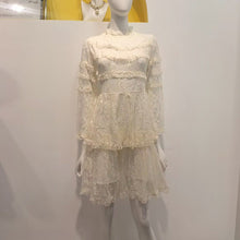 Load image into Gallery viewer, Spring Elegant Casual Stitching Lotus Leaf See through Printed Stand Collar High Waist Long Sleeves Dress Women