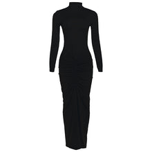 Load image into Gallery viewer, Women Clothing Autumn Solid Color Elegant Slim Slimming Pleated Turtleneck Long Sleeve Dress