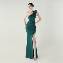 Load image into Gallery viewer, One Shoulder Three Dimensional Floral Satin Folding High Slit Sexy Evening Dress Dinner Wedding Social