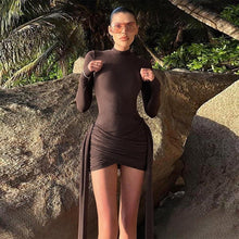 Load image into Gallery viewer, Knitted Half High Collar Long Sleeves Ribbon Sheath Dress for Women Autumn Black Knitted Dress