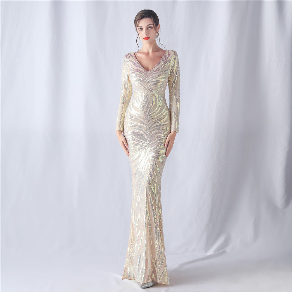 Positioning Floral Cutting Craft Magic Color Sequin Annual Meeting Wedding Long Sleeve Evening Dress