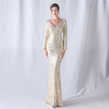 Load image into Gallery viewer, Positioning Floral Cutting Craft Magic Color Sequin Annual Meeting Wedding Long Sleeve Evening Dress