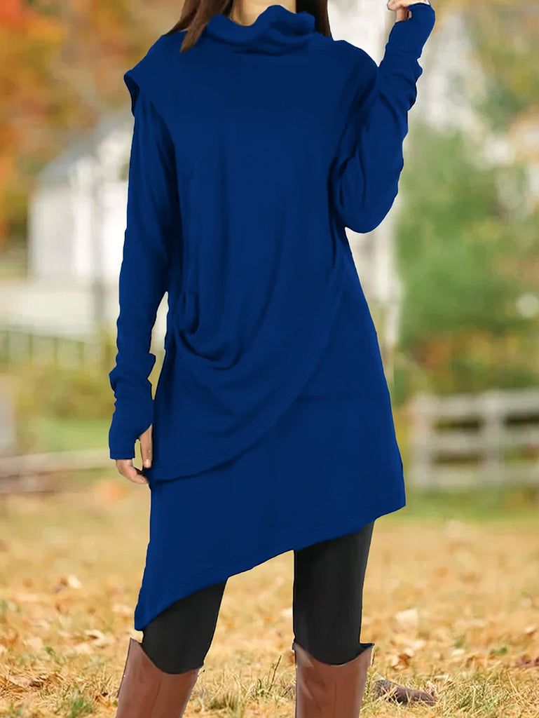 Autumn Winter Black High Collar Irregular Asymmetric Faux Two Piece Long-Sleeved Dress Women