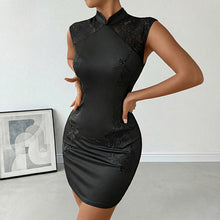 Load image into Gallery viewer, Chinese Hip Embroidered Stand Collar Black Cheongsam Dress