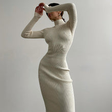 Load image into Gallery viewer, High Collar Mid Length Sunken Stripe Knitted Dress Women Solid Color Wool Tight Sexy Autumn Winter Dress