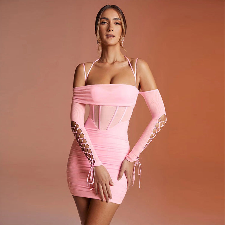 Spring Women Clothing Mesh Solid Color Lace up Off The Shoulder Long Sleeve Waist Hip Dress