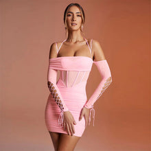 Load image into Gallery viewer, Spring Women Clothing Mesh Solid Color Lace up Off The Shoulder Long Sleeve Waist Hip Dress