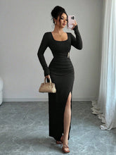 Load image into Gallery viewer, Spring U Collar Solid Color Slim Fit Slimming Knitted Long Sleeve Split Dress