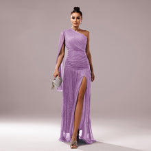 Load image into Gallery viewer, Women Clothing Premium One Shoulder Diagonal Collar Long Sleeve Slim Fit Slit Cocktail Evening Dress