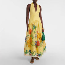 Load image into Gallery viewer, Summer Printing Halter Backless Large Swing Deep V Plunge neck Linen Dress Women