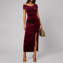 Load image into Gallery viewer, Gold Velvet Slim Fit Sheath Dress Women Cross V neck off Neck off the Shoulder Split Maxi Dress