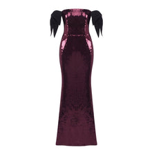 Load image into Gallery viewer, Coffee Color Colorful Sequin Long Evening Dress off Shoulder Black Bow Cocktail Fishtail Dress