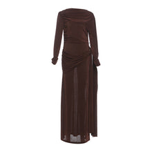 Load image into Gallery viewer, Autumn Winter Slim Fitted Waist Pleated Ribbon Solid Color Maxi Dress