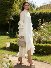 Load image into Gallery viewer, Spring High Neck Ruffled Maxi Dress Bell Sleeve Irregular Asymmetric Neck Loose Slimming Two Piece Dress