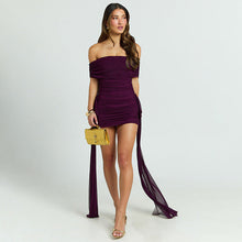 Load image into Gallery viewer, Women Clothing Summer Elegant Shoulder Baring Pleated Mesh Embellished Dress Women