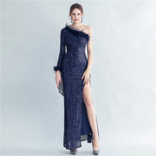 Load image into Gallery viewer, Craft Ostrich Feather Decorative Diagonal Shoulder Roman Collar Side Slit High End Evening Dress
